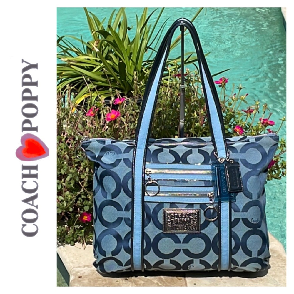 Coach Poppy OP Art Sig. “C” Navy/Light Blue Jacquard Canvas & Leather Trim Tote